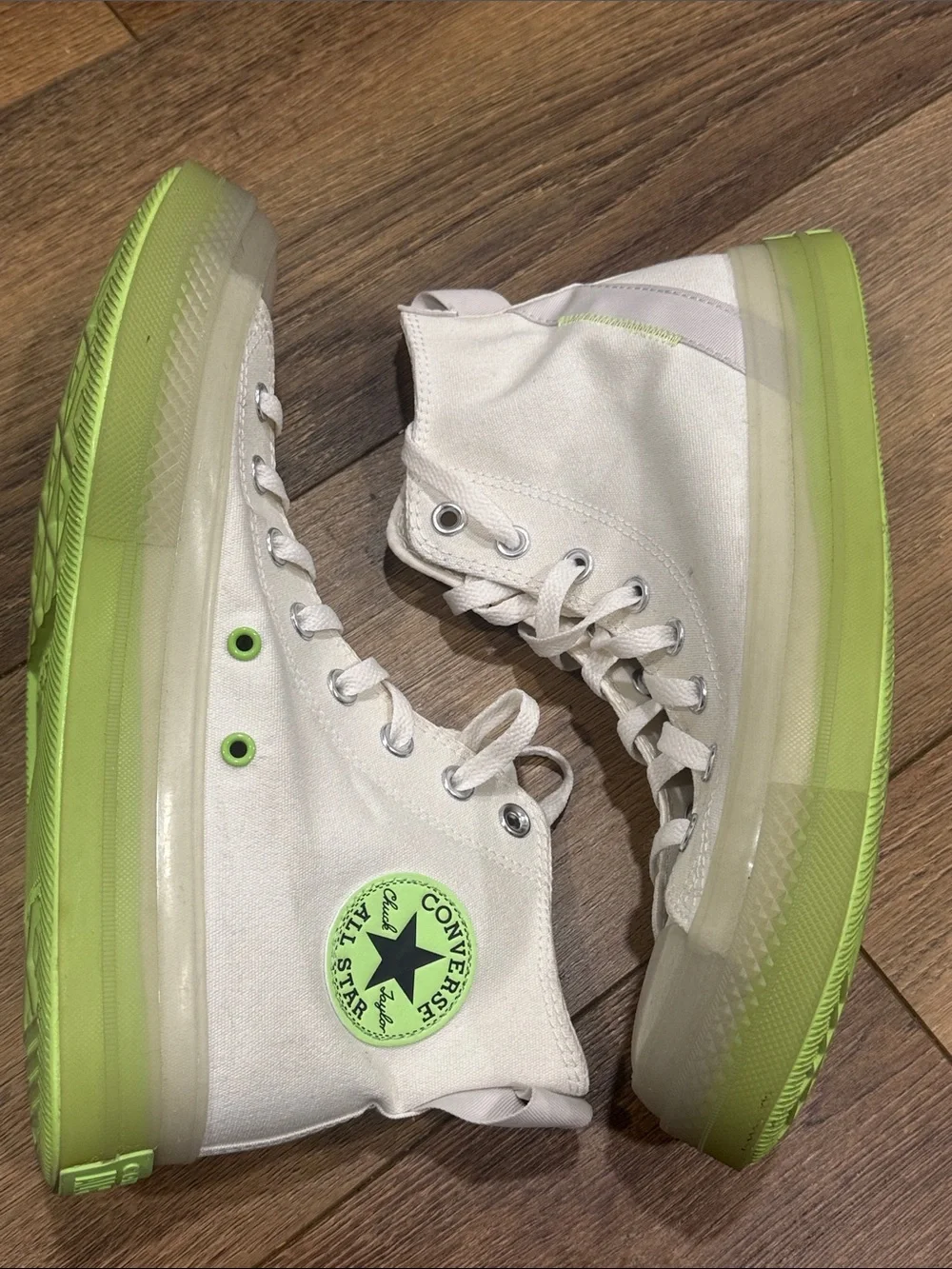 Converse Men High Top Sneakers - White with Neon Green Accents - Picture 3 of 9